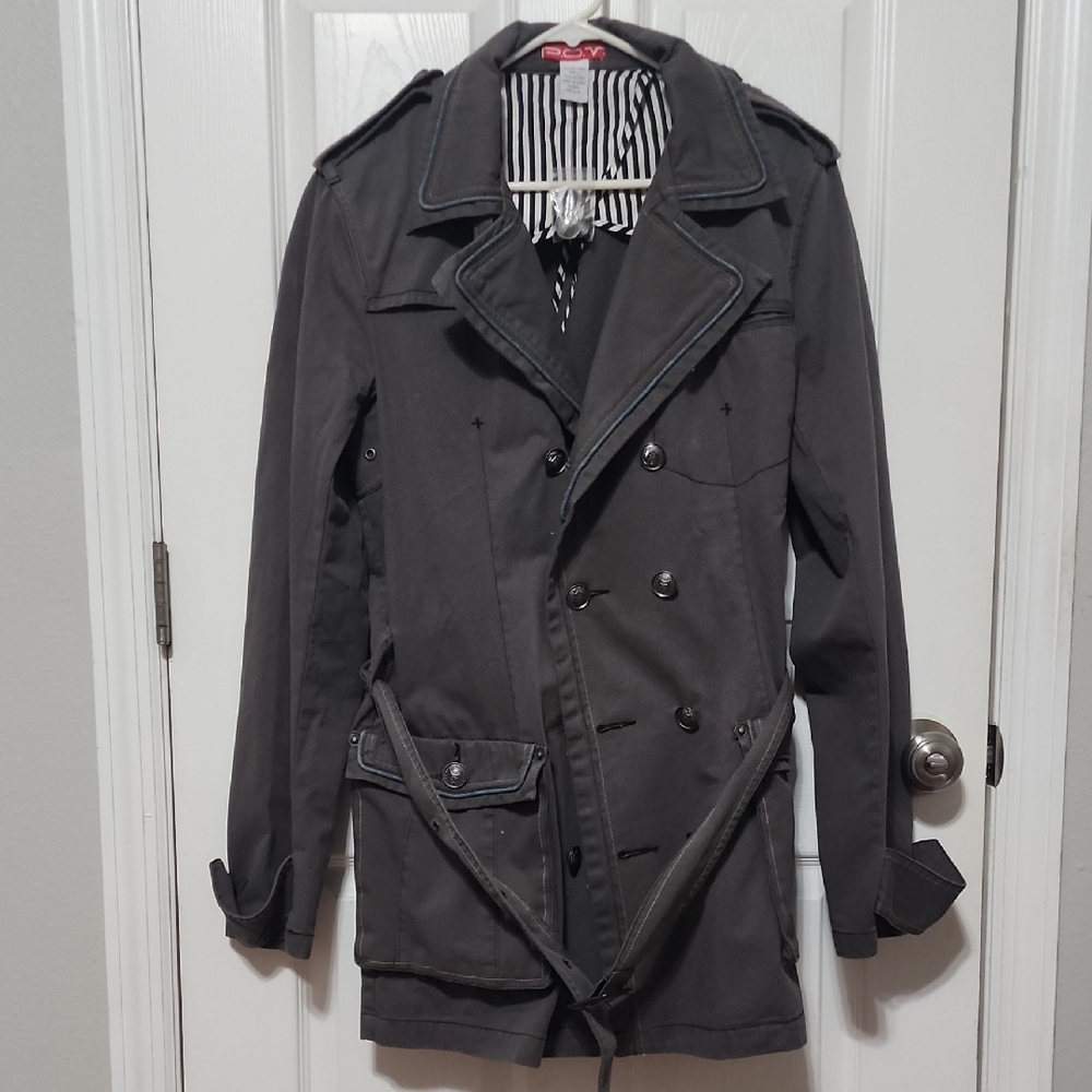 Men's P.O.V Gray Double-Breasted Military Trench Coat Size L
